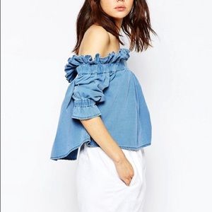 ASOS Denim Off Shoulder Top with Frill Detail